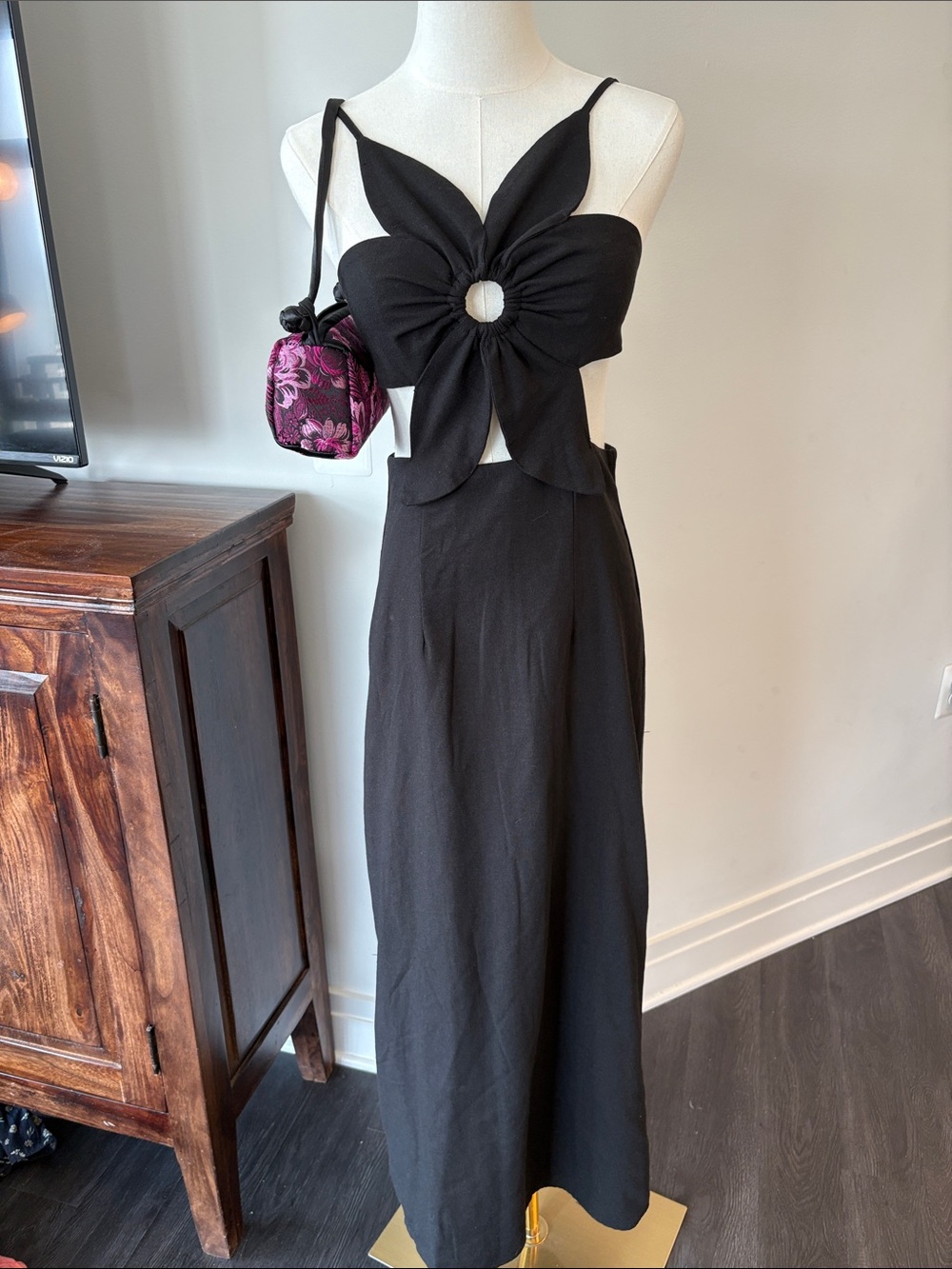 linen Black Cutout Maxi Dress with Flower Chest Front Small